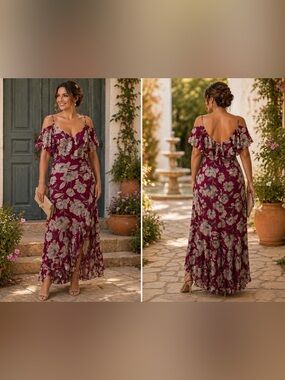 London Times Burgundy Floral Cold-Shoulder Maxi Dress